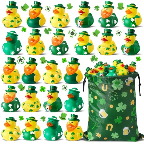 ANGGIKO 24 Pcs St Patricks Day Rubber Ducks with a St Patrick Bag, Green Rubber Lucky Ducks for St. Patricks Day Party Favors, Fun St Patricks Toys, Gifts Bulk for Kids Classroom, Kids Ducks Bath Toys