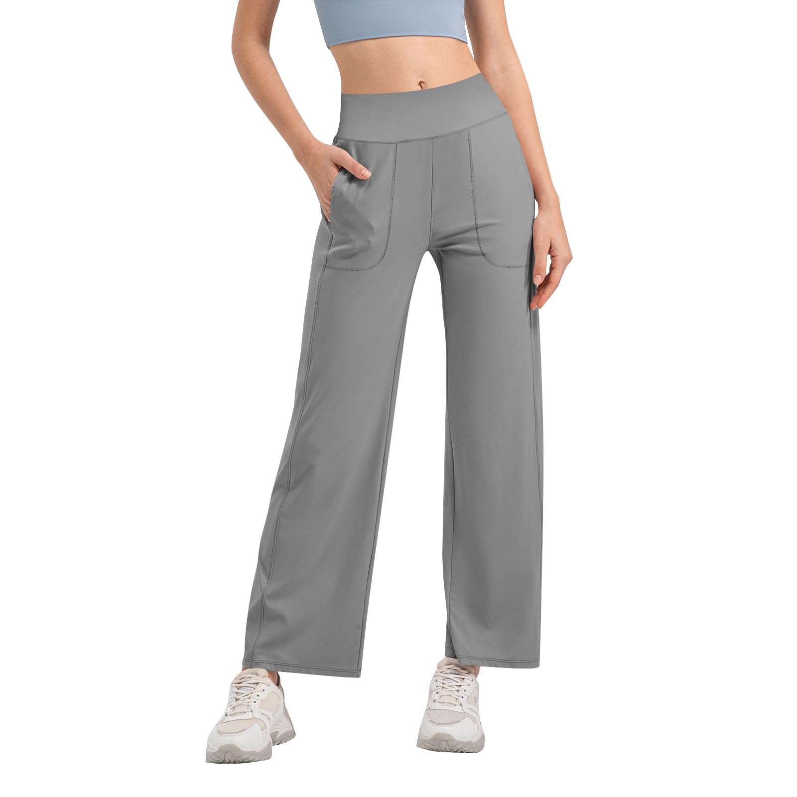 Damen Yogahose Mit Taschen Jogginghose Frauen High Waist Freizeithose Wide Leg Fitnesshose Lang Gym Arbeit Sporthose Elastische Leggings Straight Bauchkontrolle Trainingshose Elegant Laufhose