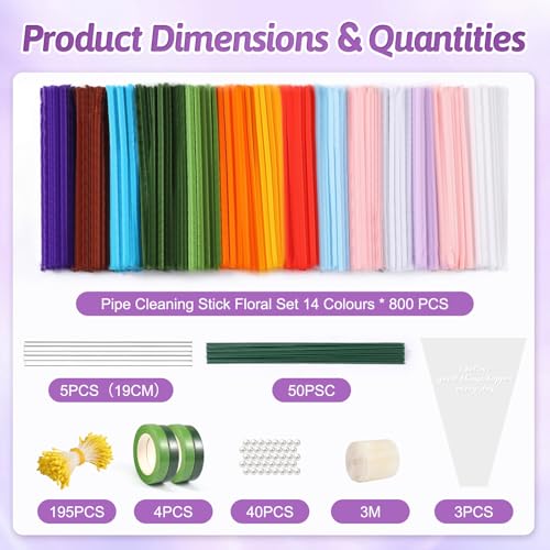 Miniatura 2 de Oneamg Limpiapipas Manualidades 800 Piezas14 Colores Limpia Pipas Para Manualidadesincluye Cinta Floral Ramas Artificiales Cintas Decorativas Cuentas Pistilos Y Barras De Pegamento Termofusible