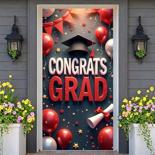 Red Black Congrats Graduation Door Cover Decorations Congrats Grad Door Banner 2026 Graduation Door Cover Graduation Cap Front Door Banner Photo Backdrop for High School College Grad Ceremony 71"x35"
