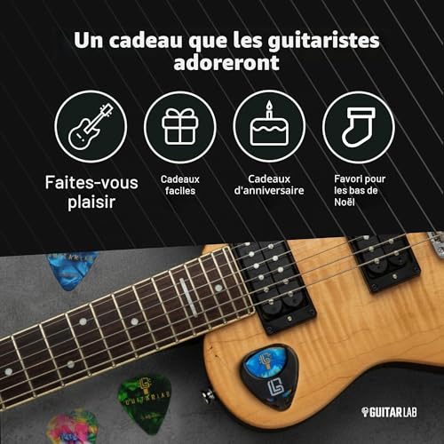 Guitar Lab Support de médiators et 10 médiators pour acoustique – Médiators en celluloïd – Guitare acoustique, électrique, basse et ukulélé – Ensemble fin, moyen et épais – vue 9