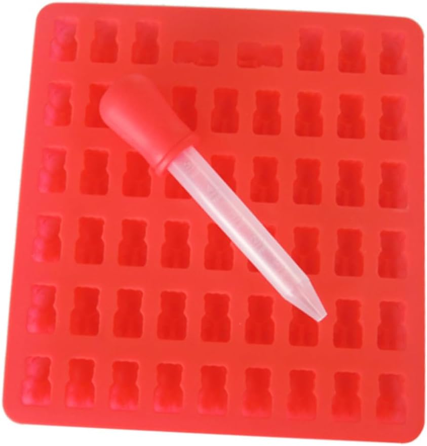 4 Sets Cavity Bear Silicone Mold with Dropper for DIY Gummy Candy Chocolate Jelly Ice Cube Tray in Blue Red Lime Yellow Non-stick Flexible Candy Making Kit
