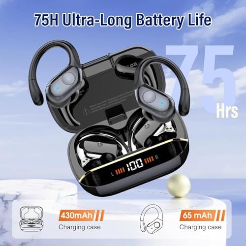 Qecnato Wireless Earbuds Bluetooth 5.4 Headphones 75H Stereo Deep Bass Sports Over Ear Buds with Earhooks, LED Display Bluetooth Earbuds with 4 ENC Mic, IP7 Waterproof Earphone for Running — view 3