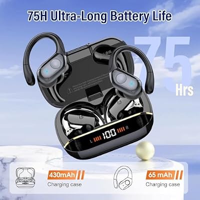 Qecnato Wireless Earbuds Bluetooth 5.4 Headphones 75H Stereo Deep Bass Sports Over Ear Buds with Earhooks, LED Display Bluetooth Earbuds with 4 ENC Mic, IP7 Waterproof Earphone for Running, Black