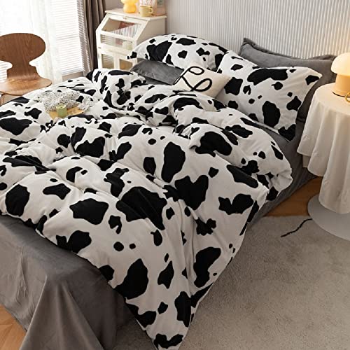 Lanqinglv Winter Flanell Bettwäsche 200x200cm Plüsch Fleece Flauschig Warme Schwarz Weiß Kuhmuster Winterbettwäsche Kinder Bettbezug mit Reißverschluss und 2 Kissenbezug 80x80cm - Image 3
