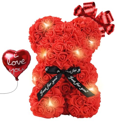 Oso con Rosas Luminosas y Globo Corazón | Regalo Romántico para Mujer | Peluche de Oso | con LED y Rosa Eterna | Regalo | Ideal para el Día de San Valentín, Día de la Madre | OriginalCorner®