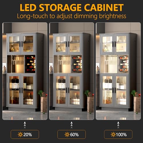 LVSOMT LED Wine Bar Cabinets with Removable Wine Rack, Bar Cabinets for Liquor with Light Motion Sensor, Kitchen Cabinet Storage for Dinning Room, Living Room (Grey)