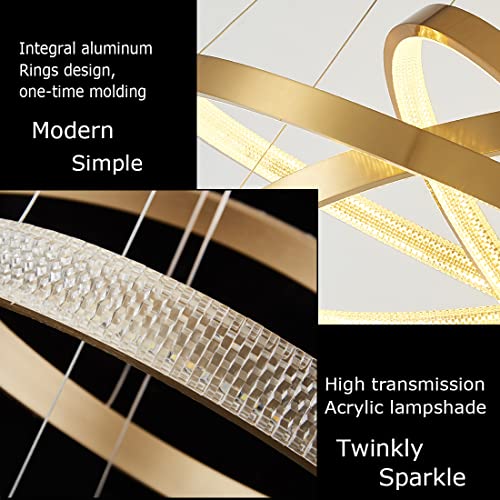 Gold Chandelier, 3 Rings Crystals Led Chandelier,Modern Chandelier For Dining Room (Dimmable With Remote Controller),Luxury Crystal Ring Chandelier Light Fixture 3 Color Changing Adjustable Hanging #TOP7