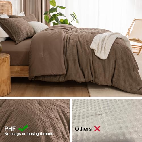 Image of PHF Soft Waffle Comforter Set Twin Size- Comfy Breathable Waffle Weave Comforter with 1 Pillow Shams, 2 Pieces Less Snagging Lightweight Textured Bedding Set for All Season, Cocoa Brown