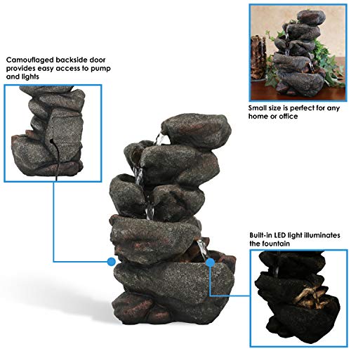Sunnydaze Rocky Falls 10.75-Inch Indoor Tabletop Water Fountain With Led Light - Electric Submersible Pump - Quiet Sounds #TOP3