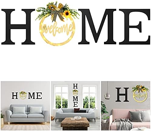 Outgeek Wooden Home Sign Wall Hanging Decor: Home Letter for Wall Art with Round Wreath & String Lights Rustic Farmhouse Home Decorative Wall Decor for Living Room Bedroom Gift Outgeek Wooden Home Sign Wall Hanging Decor: Home Letter for Wall Art with Round Wreath & String Lights Rustic Farmhouse Home Decorative Wall Decor for Living Room Bedroom Gift