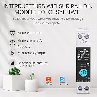 TONGOU DIY 1P+N - Commutateur WiFi à rail DIN 20A WLAN pour relais - Application iOS/Android TUYA/Smart Life - Commande vocale pour Smart Home avec mètre