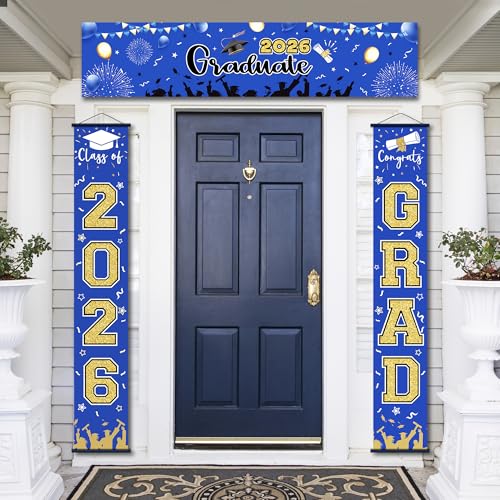 Image of 125 PCS Blue and Gold Graduation Party Decorations, 2026 Graduation Decorations, Class of 2026 Full Decor Set, Comgrats Grad Photo Banners, Tablecloth, Balloons, Cake Toppers
