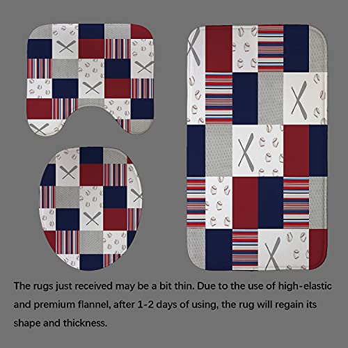 Skailié 4Pcs Baseball Shower Curtain Set, White Red Blue Plaid Stripe Cool Sports Bathroom Decor For Men Boys, Waterproof Polyester Fabric Bath Curtain, Non-Slip Bath Rugs Toilet Mat Carpet, Patchwork #TOP3