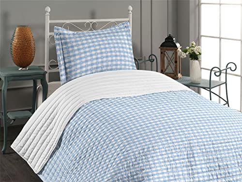 Ambesonne Checkered Microfiber Bedspread Set, Gingham Motif With Little Hearts Pastel Blue Shower Theme, Soft Bedding Set With Pillow Sham & Comforter, Twin Size, Pale Blue White #TOP3