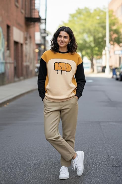 Image of LEOTUDE Full Sleeve Cottonblend Oversized Tshirt for Women, Round Neck
