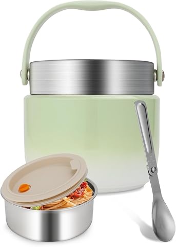 Termo Comida Caliente 1200ml, Térmico para Alimentos Acero Inoxidable, Fiambrera Térmica con Cuchara Plegable, Termo de Comida para Adultos y Niños (Verde)