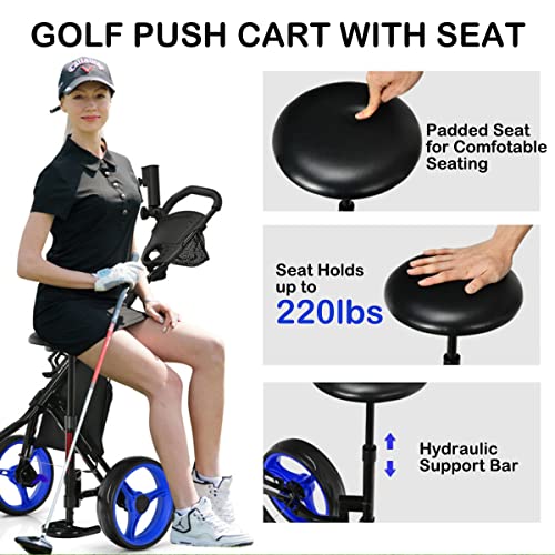 Sporfit Golf Push Carts 3 Wheel Folding-Collapsible Lightweight Push Cart With Seat For Golf Clubs, Foot Brake/Umbrella Holder- 4 Height Position Handle #TOP1