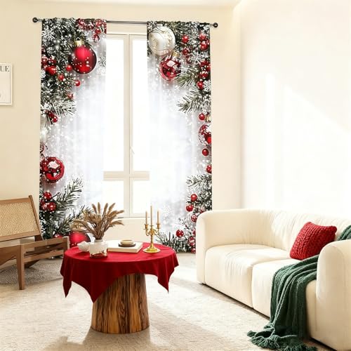 Generico Tende stampate con palline natalizie, tende natalizie per soggiorno, tenda natalizia rossa con fiocchi di neve e rami di pino, per camera da letto e soggiorno (70X100CM (Two Pieces))