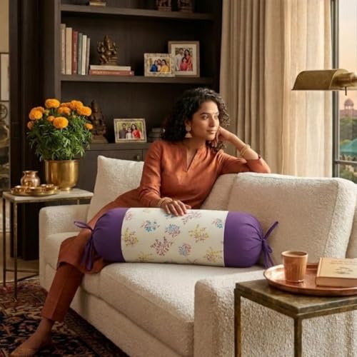 Image of SAJAVAT HOME Pure Cotton Bolster Cover Set of 1 | Berry Purple Side Pillow Cover for Sofa, Bed & Diwan | 32x15 Inch Round Cushion Cover with Adjustable Ties