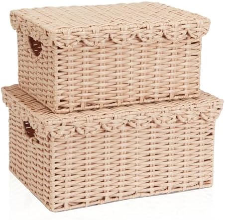 FairyHaus Scalloped Wicker Basket with Lid, Waterproof Storage Basket with Removable Tray Lid Cream, Handwoven Plastic Wicker Baskets for Nursery 2Pack, 15 x 11.22 x 7 & 13 x 9.45 x 5.9