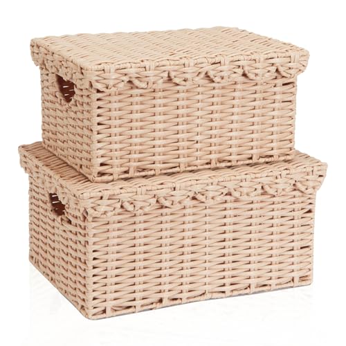 Image of FairyHaus Scalloped Wicker Basket with Lid, Waterproof Storage Basket with Removable Tray Lid Cream, Handwoven Plastic Wicker Baskets for Nursery 2Pack, 15 x 11.22 x 7 & 13 x 9.45 x 5.9