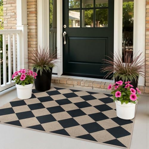 Rugalia Easy Jute Small Outdoor Patio Rug, 3x5 Black Checkered Entryway Rug Washable Modern Diamond Kitchen Rugs, Non-Slip Neutral Farmhouse Throw Carpet for Living Room Porch Backyard