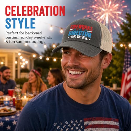 Image of 4th of July 250th Anniversary Dad Hats - Just Here for the Fireworks, Fireworks Director - Patriotic Baseball Cap