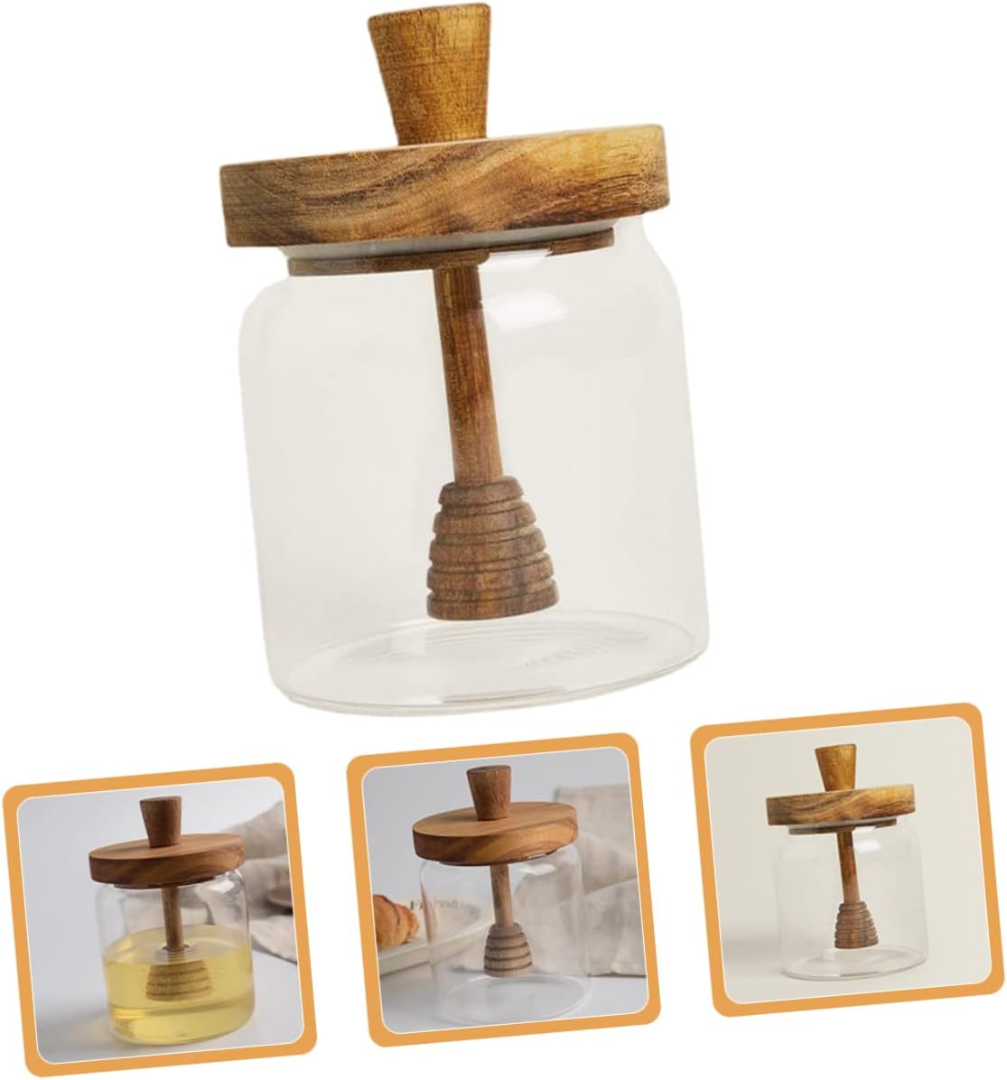 500ml Honey Storage Jar Glass Honey Pot Wooden Spoon Dipper for Home Kitchen