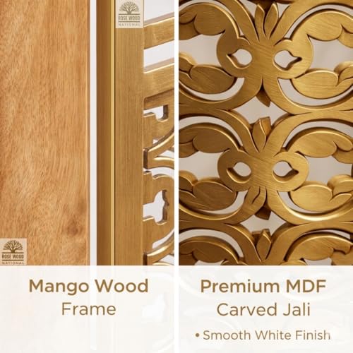 Image of Wooden Room Divider 6 Feet, 4-Panel Folding Wooden Partition for Living Room, Office, Pooja Room, Restaurant, Kitchen & Balcony (2W x 1.82H Meters). (Golden Lattice Pattern)