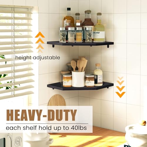 Image of Fun Memories Corner Shelf Wall Mount, Floating Corner Shelves, Set of 2 Corner Wall Shelf Organizer, Rustic Wood Wall Storage Display Shelves for Living Room Bedroom Bathroom Kitchen, Classic Black