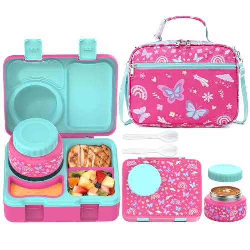 Image of Bento Box for Kids, Leakproof Kids Lunch Box with 8.5OZ Thermo Food Jar & Lunch Bag, 3-4 Compartments Toddler Insulated Lunch Box for Girls, BPA Free Lunch Containers for School Daycare