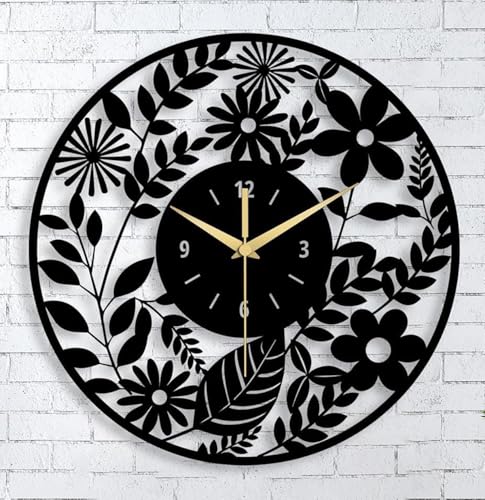 Image of Metal Wall Clock for Living Room, Bedroom, Office, Kitchen, Home and Hall, Stylish Designer Big Size Modern Wall Watch for Home Decor Black (Floral, 40 CMS)