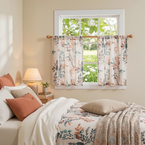 Image of MYSKY HOME Linen Kitchen Tier Cafe Patterned Curtains 24 Inch Length 2 Panels Farmhouse Semi Sheer Privacy Small Window Treatments Rod Pocket for Bathroom Basement, Burnt Orange, 30 inch Each Panel