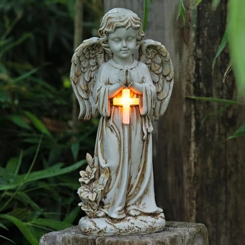 FIYSON Figura de ángel solar de jardín con lámpara de cruz LED, ángel solar rezando, decoración para tumba, ángel solar, resistente a la intemperie, figura de ángel de la guarda para césped, patio,