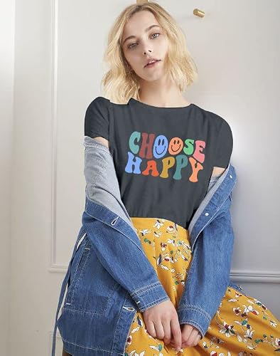 Choose Happy Tshirt For Women Happy Shirt Teacher Shirts Be Kind Tees Funny Color Print Letter Short Sleeve Shirt Dark Grey #TOP2