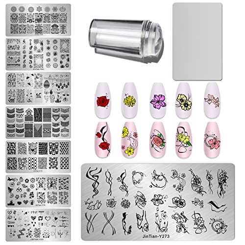 Loveourhome 8Pc Nail Art Stamping Kit Geometric Flower Heart Nail Stamps Plate Template Stencil With Silicone Stampers Scraper For Women Girls French Manicure Design #TOP3