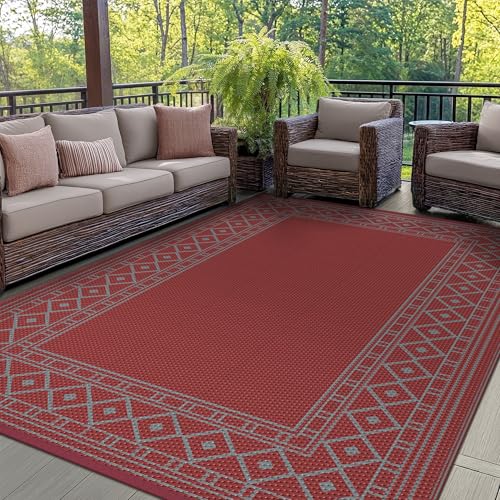 GENIMO Outdoor Rug Waterproof 5x8 for Patio Foldable Reversible Plastic Straw Carpet for Travel Trailers Outside Area Mat for Rv Deck Picnic Porch Balcony Beach Red & Grey