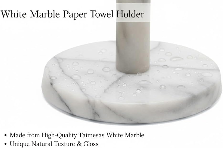 White Marble Paper Towel Holder – 12.5" Deluxe Upright Towel Dispenser for Kitchen, Heavy Duty, Solid Standup