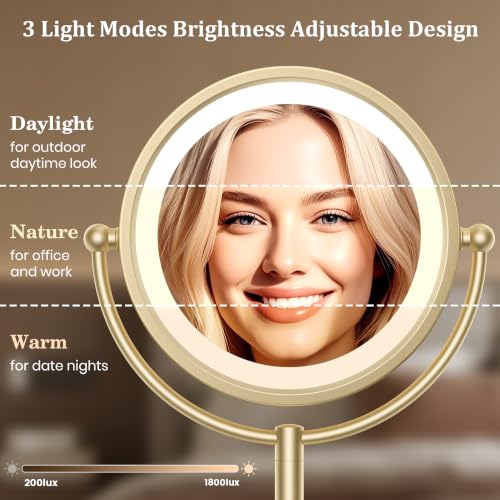 Image of Professional 8.5 inch Large Lighted Makeup Mirror with Brighter Lights, 1X /10X True HD Magnifying Mirror with 3 Color Dimmable Lights, 90 Shadowless LEDs, 360Swivel Seamless Vanity Mirror, Gold Nickel