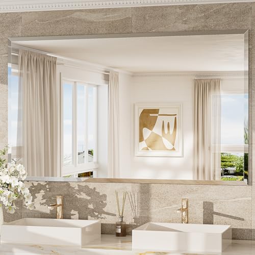 TokeShimi 60x36 Frameless Beveled Bathroom Mirror Rectangle Tempered Rectangle Bathroom Vanity Mirror with 1 Beveled Edge Shatterproof Modern Mirrored Wall Mounted for Living Room Restroom