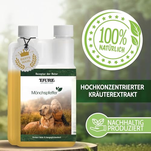 TJURE Mönchspfeffer Liquid für Hunde | 500 ml | Ergänzungsfuttermittel für Hunde mit Mönchspfeffer | Pflanzliche Rezeptur zur Unterstützung in besonderen Phasen | Made in Germany