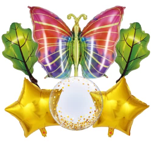 Image of Party Decorz Multicolor Butterfly Foil Balloon Set Of 6pcs (1pcs Butterfly Foil Balloon+ 2pcs Star Foil Balloon+2pcs Leaf Foil Balloon +1pcs Transparent Balloon) For Kids Butterfly /Summer Theme Party