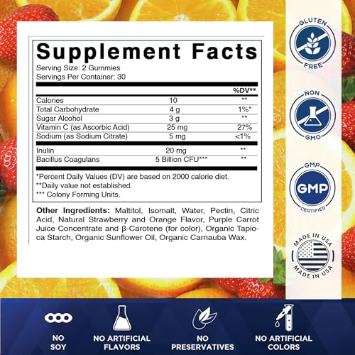 Image of Vitamatic Sugar Free Probiotic + Prebiotic Gummies, 60 Count | 5 Billion CFU Bacillus Coagulans per serving, Support Digestive Health and Gut Flora Balance*, Non-GMO, Made in USA