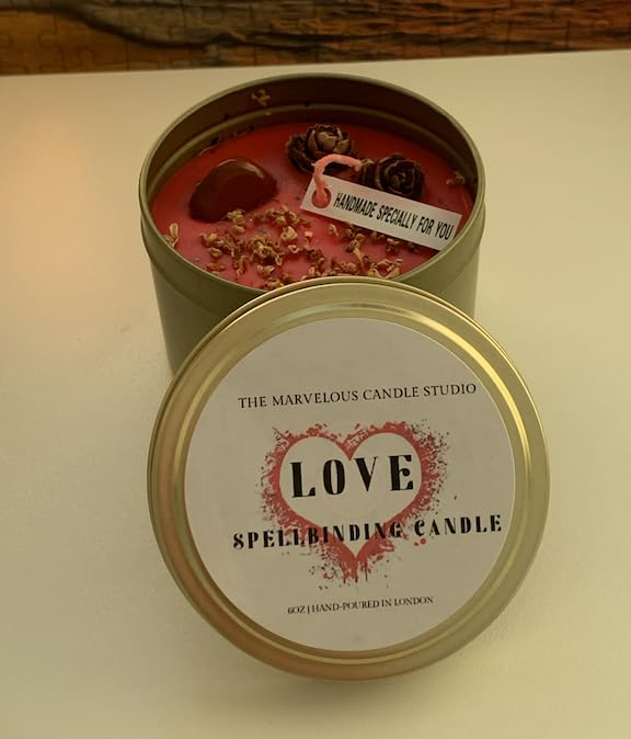 Luxury Love Spell Crystal Candle | Spellbinding Love Candle | Healing Crystal Spell Candle | Love Spell | Self Love | Red Jasper | Rose Amber And Sandalwood Scented | 6oz