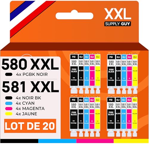 Supply Guy 580XXL 581XXL Cartouches Compatible avec Canon PGI-580 CLI-581 pour Pixma TS705 TS705a TS6350 TS6350a TS6351 TS6351a TS6300 TR8550 TS9550 TR7550 Multipack 20 Cartouche Encre 580 581 XXL