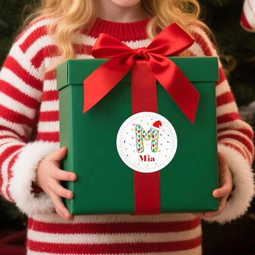 Image of Personalized Christmas Stickers, Custom Name Waterproof Christmas Gift Tags for Gift Box Holiday Decorations, Stockings, Party Favors (Santa Hat Initial 2)