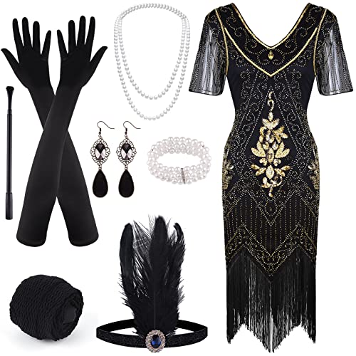 Fepito 1920S V Neck Sequin Beaded Fringed Dress With 20S Accessories Set(Style 7 #TOP23