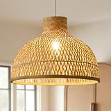 Natural Bamboo Pendant Light, 16.3in Boho Rattan Dome Handwoven Pendant Lamp, Rustic Farmhouse Hanging Light Fixture for Kitchen Island, Dining Room, Living Room, Bedroom, Restaurant, Entryway, Foyer