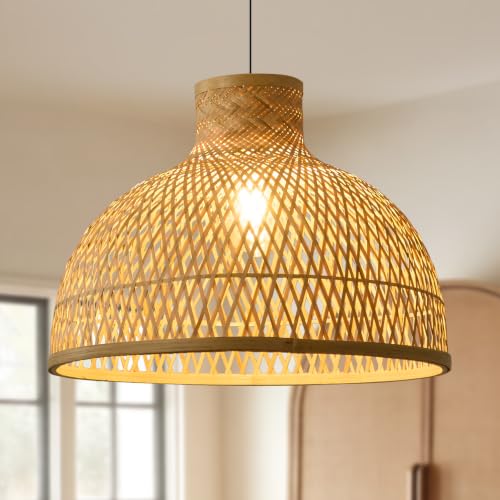 Natural Bamboo Pendant Light, 16.3in Boho Rattan Dome Handwoven Pendant Lamp, Rustic Farmhouse Hanging Light Fixture for Kitchen Island, Dining Room, Living Room, Bedroom, Restaurant, Entryway, Foyer